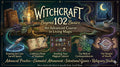 Promotional graphic for 'Witchcraft Beyond 102 Basics' with magical elements and text.