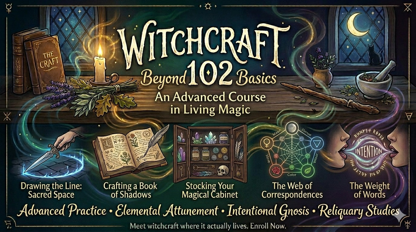 Promotional graphic for 'Witchcraft Beyond 102 Basics' with magical elements and text.